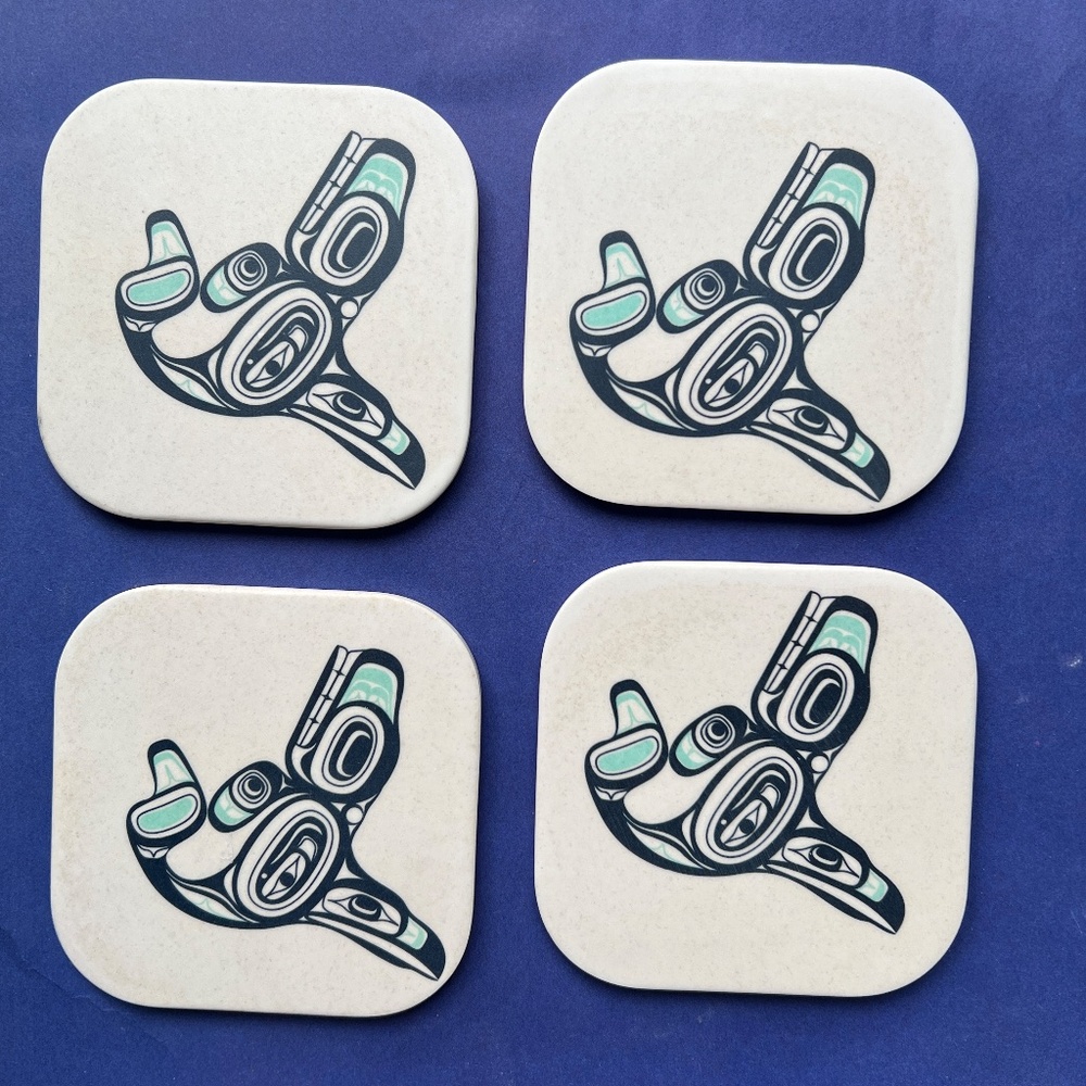 4 Whale Bamboo Coasters Native Northwest Indigenous Artist Natural Fibre Swanson